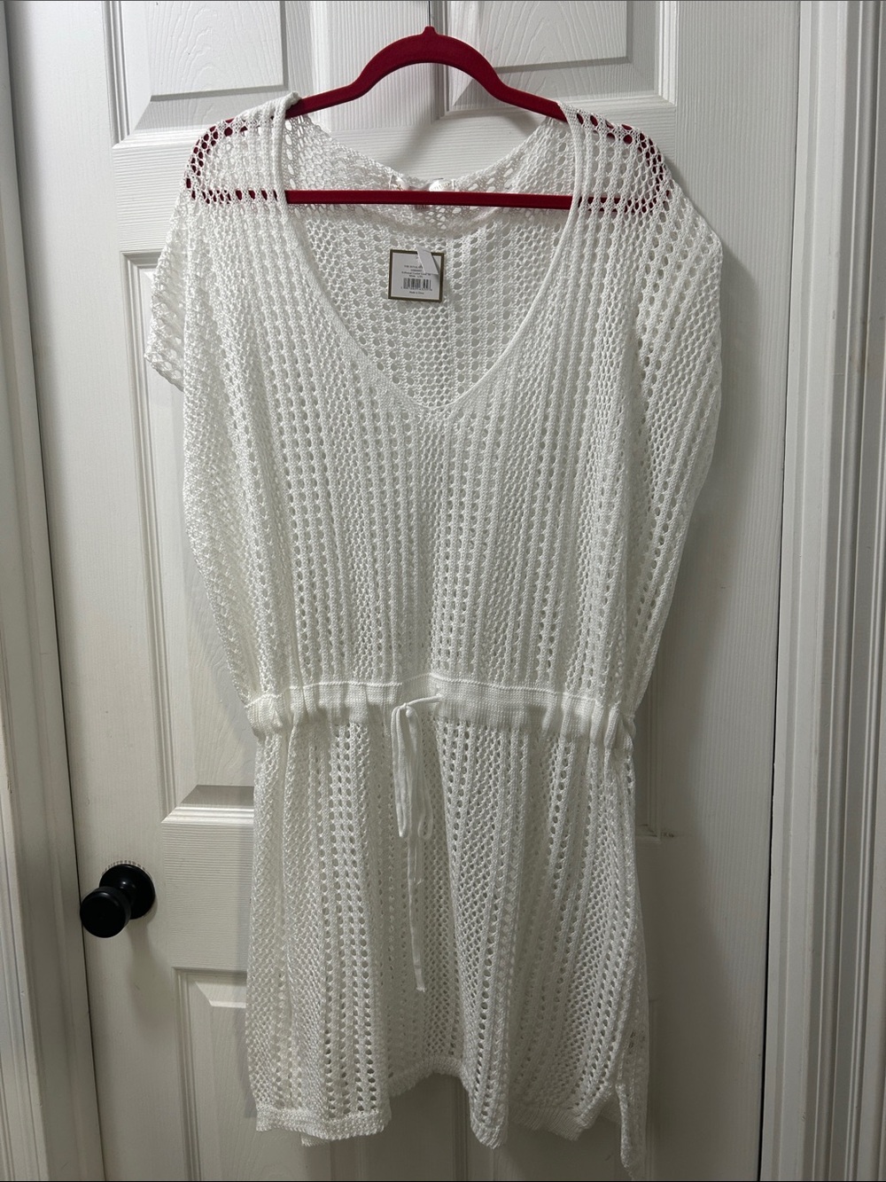 White Crochet Knit Mini Dress with V-Neck and Drawstring